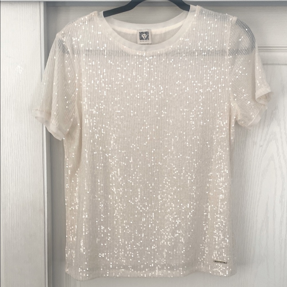 ANNE KLEIN-Sequin Embellished off White Top